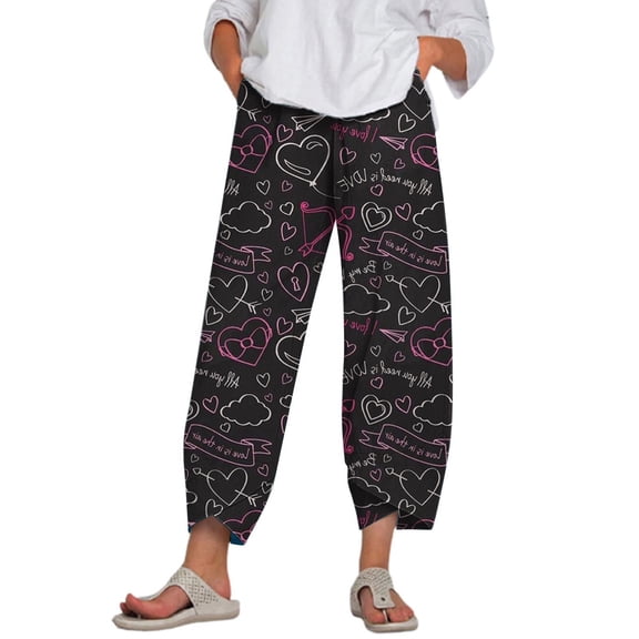 Womens Baggy Sweatpants Valentine's Day Heart Print Straight Elastic Waist Joggers Pants Sport Pants With Pocket Black XXL