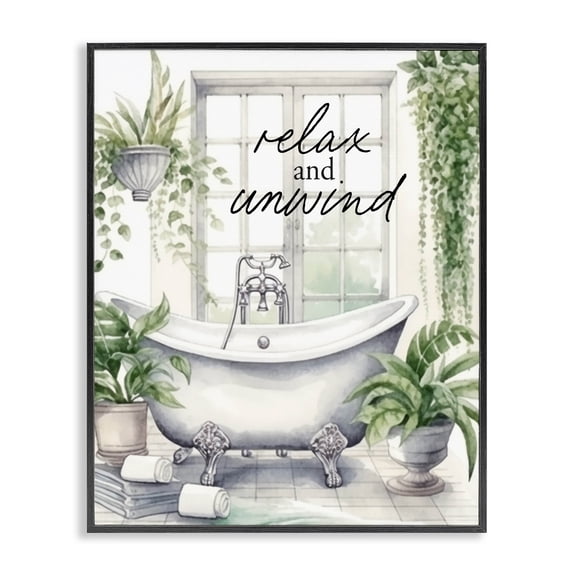 Relax Unwind Bath & Foliage Black Framed Giclee Art, design by Lettered and Lined