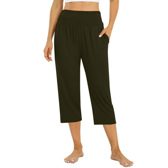 GXIPO Capri Pants for Women Yoga Capris High Waist Wide Leg Pants Athletic Army Green M