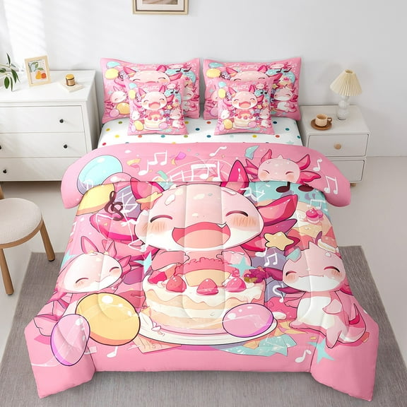 Erosebridal Pink Axolotl Bedding Sets Twin Size,Kawaii Animal Comforter Sets with Sheets,Happy Birthday Bed in a Bag Twin size,Super Cozy Child Bedroom Decor,Reversible,7pcs