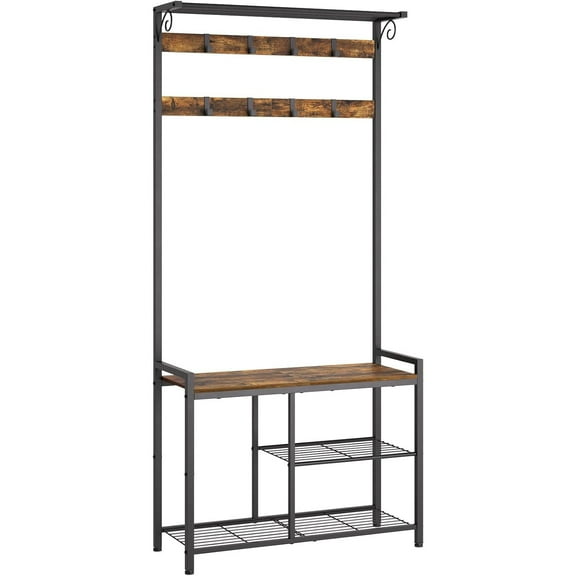 Coat Rack Shoe Bench, 4-in-1 Hall Tree with Storage Shelves and Hanging Rod, Entryway Storage Organizer with 8 Movable Hooks, for Entryway, Hallway, Corridor, Rustic Brown and Black MT12BR