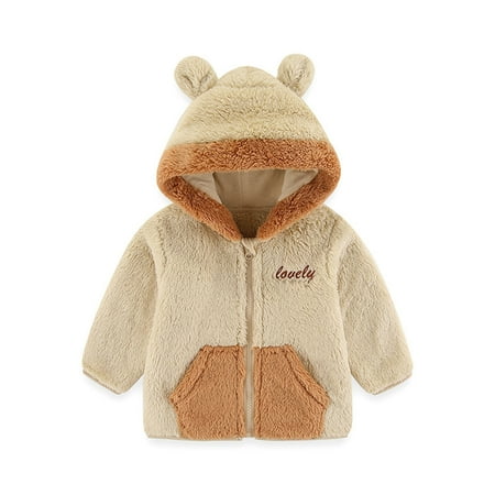 

ZCFZJW Toddler Baby Boys Girls Fleece Jackets with Cute Ear Hoods Winter Plush Velvet Warm Teddy Coat Cartoon Outwear With Pockets(Khaki 1-2 Years)