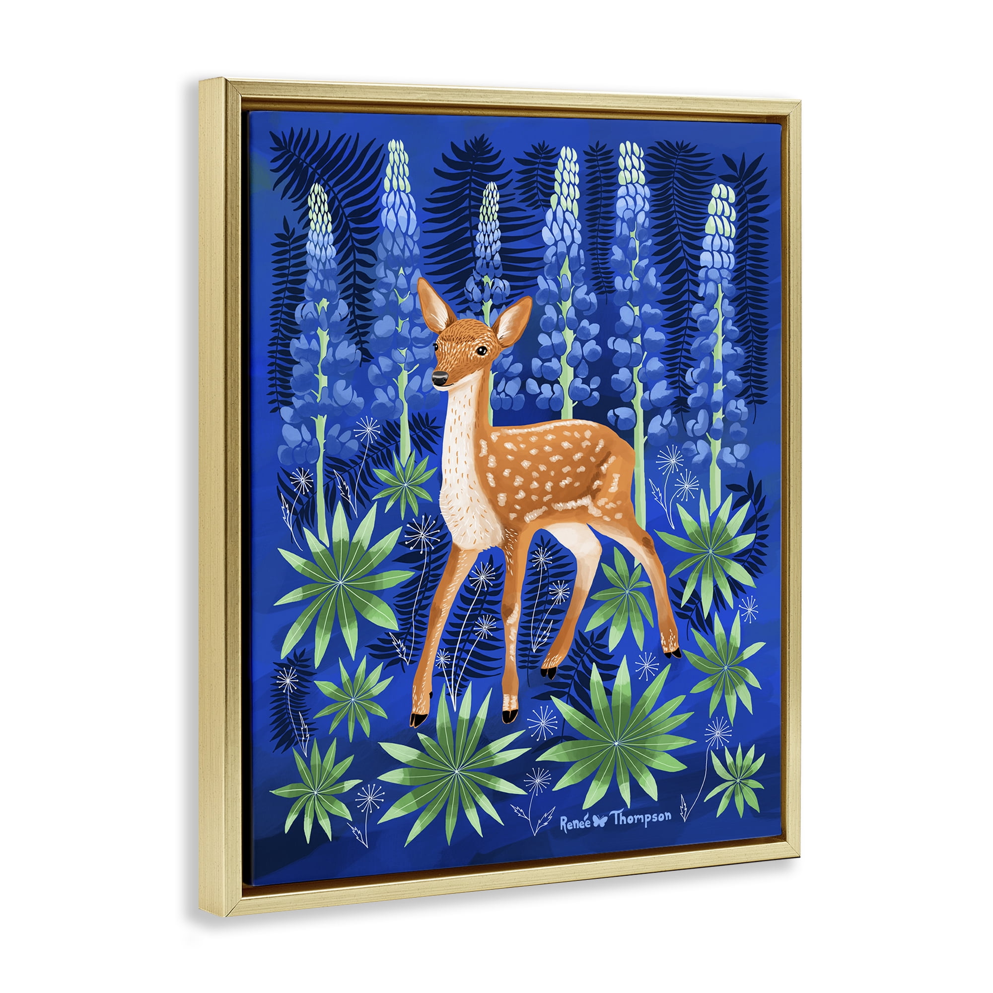 Stupell Industries Fawn & Lupine Flowers Animals Painting Gold Floater Framed Canvas Art Print Wall Art, 25 x 31