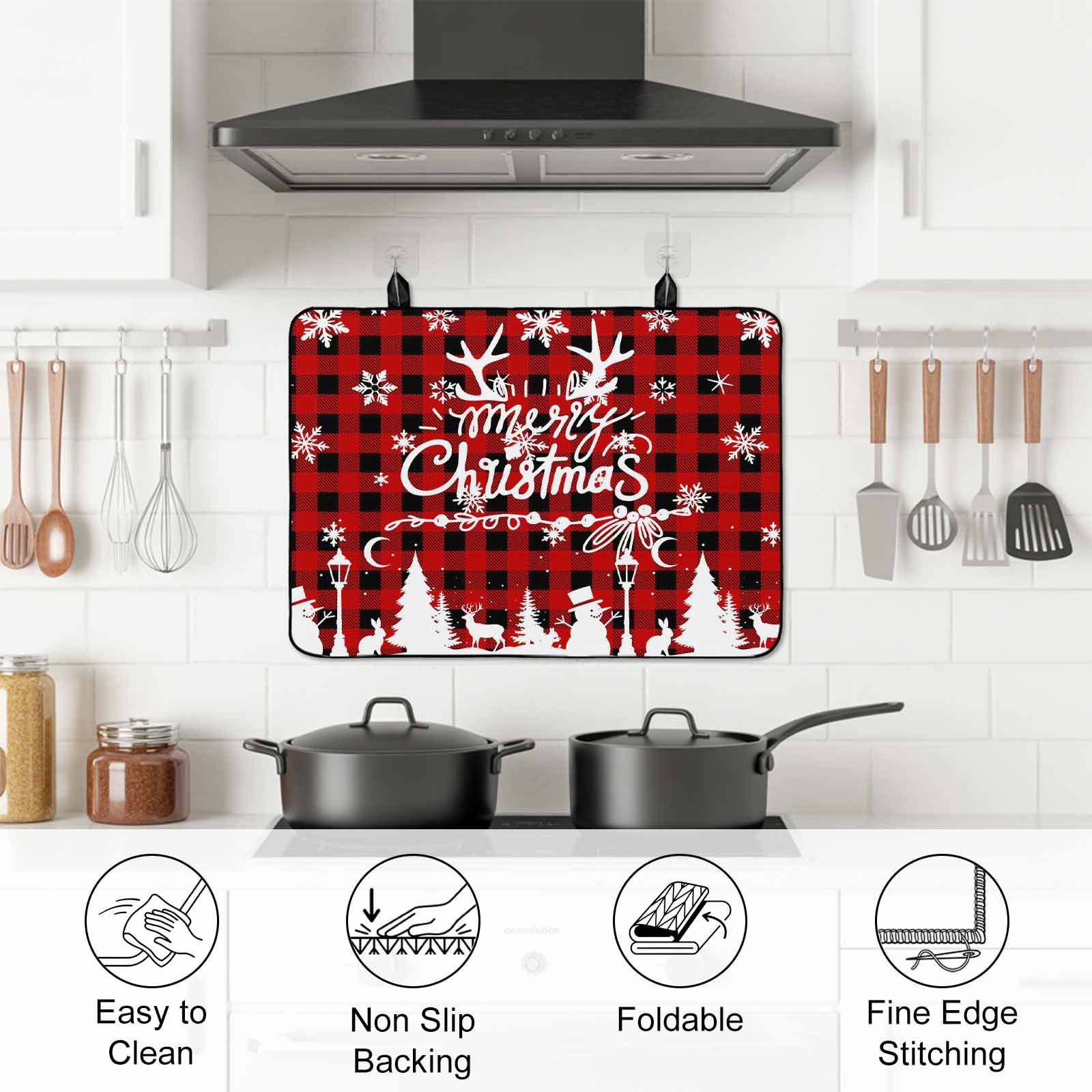 Christmas Stove Top Cover for Electric Stove, Heat-proof & Non Slip Glass Top Stove Cover Protector, Winter Snowman Snowflake Xmas Trees Red Plaid Kitchen Flat Cooktop Rubber Mat 24x21 Inches