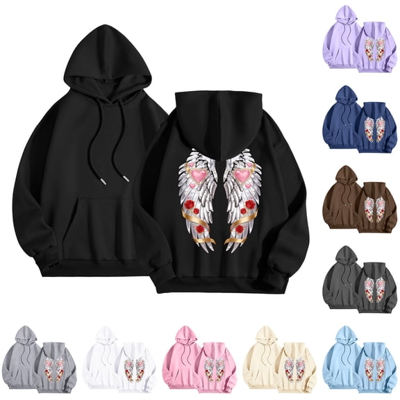 felwors Oversized Angel Wings Graphic Hoodie for Teens & Young Adults - Trendy Y2K Preppy Long Sleeve Sweatshirt with Heart & Rose Accents & Pockets(Navy, M)