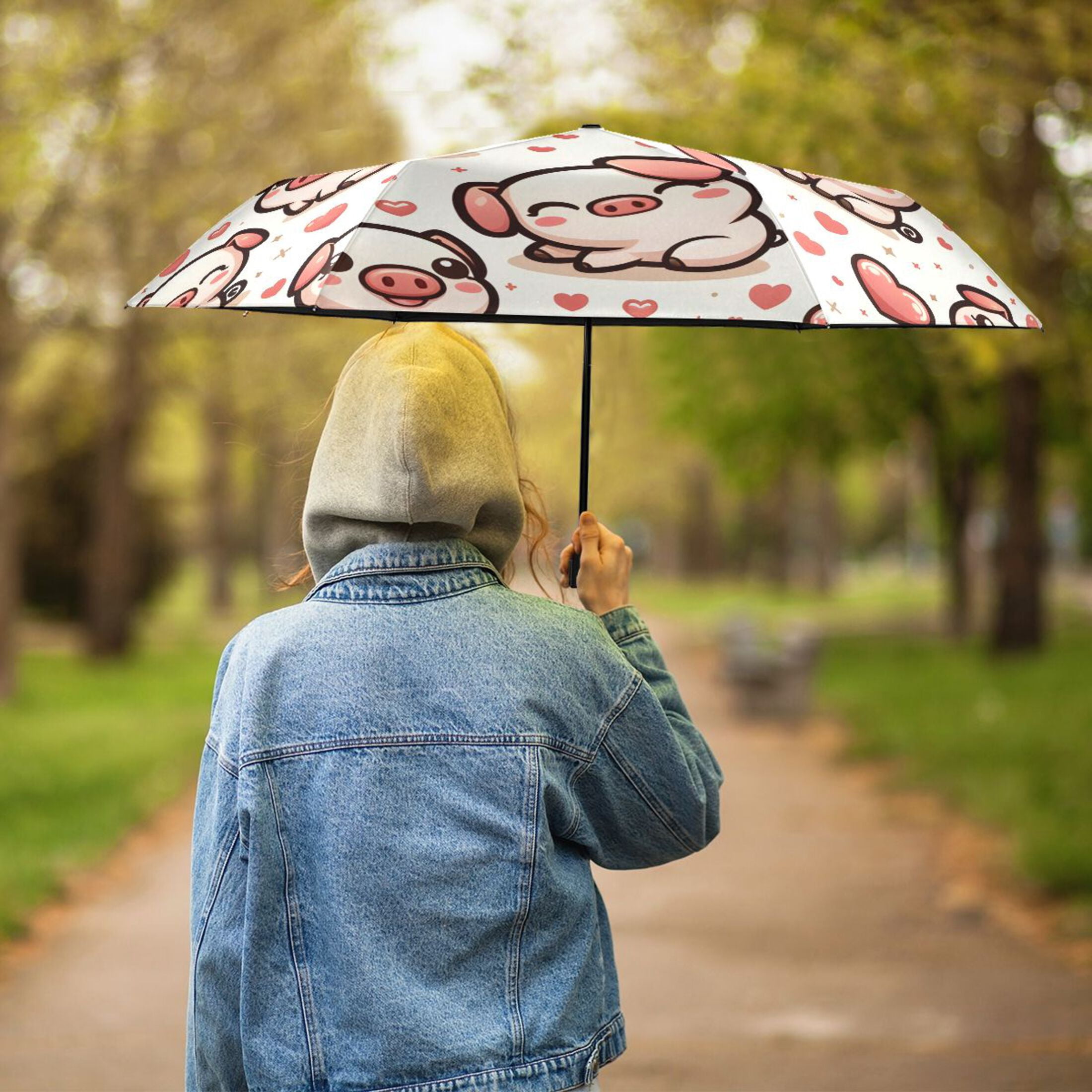 Cute Pig with Hearts Compact Sun Umbrella Windproof Travel Umbrellas for Rain Strong Portable UV Protection