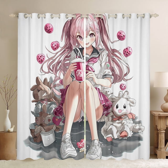 YST Rideaux & Draperies Kawaii Anime Fille Style Japonais, Rideaux Esthétiques Orientaux Pois Roses Rideaux de Salon, Rideaux de Fenêtre Dessin Animé Anime