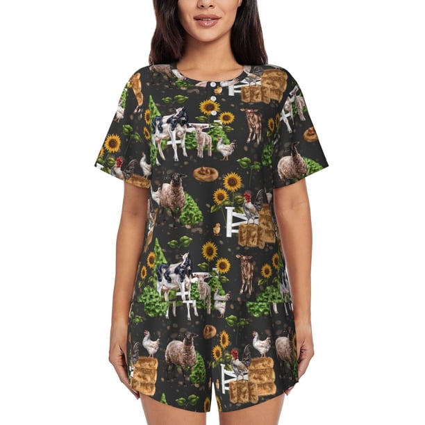 Balery Farm Animals 2 Conjunto de Pijama para Mujer con Estampado, Dos Piezas de Manga Corta y Shorts, Ropa de Dormir Suave con Cuello Redondo y Bolsillos-3X-Large