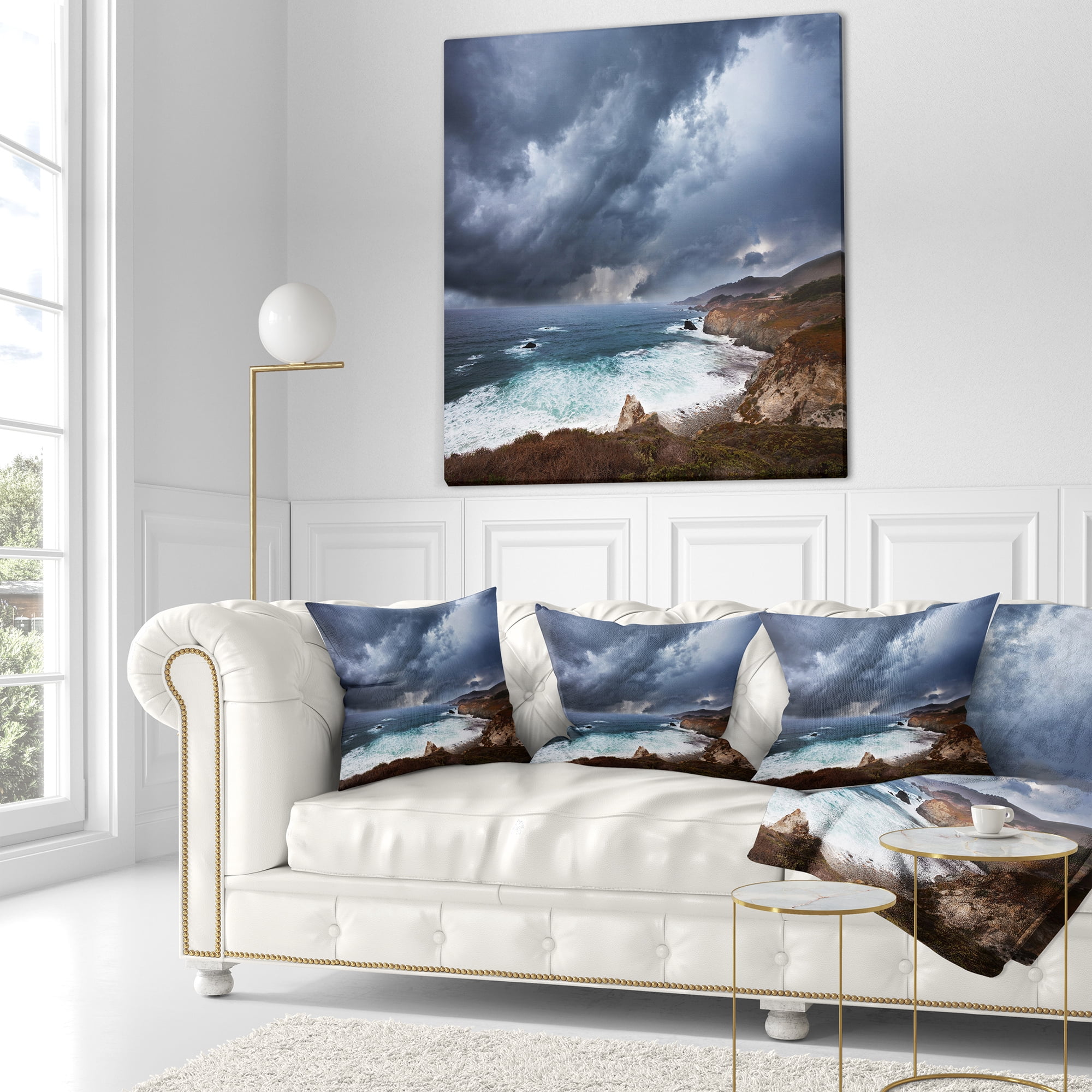 Designart Heavy Blue Clouds and Waves - Modern Beach Throw Pillow - 18x18