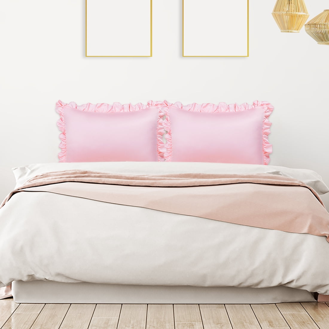 Unique Bargains 4-Piece Satin Ruffled Edge Pillow Shams, Standard, Pink