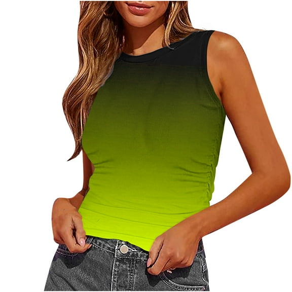 Summer Tank Tops for Women,Sleeveless Round-Neck Slim Fitted Blouse Ruched Basic Printed Tees Shirts,Comfortable And Stretchy Gradient Print Vest.