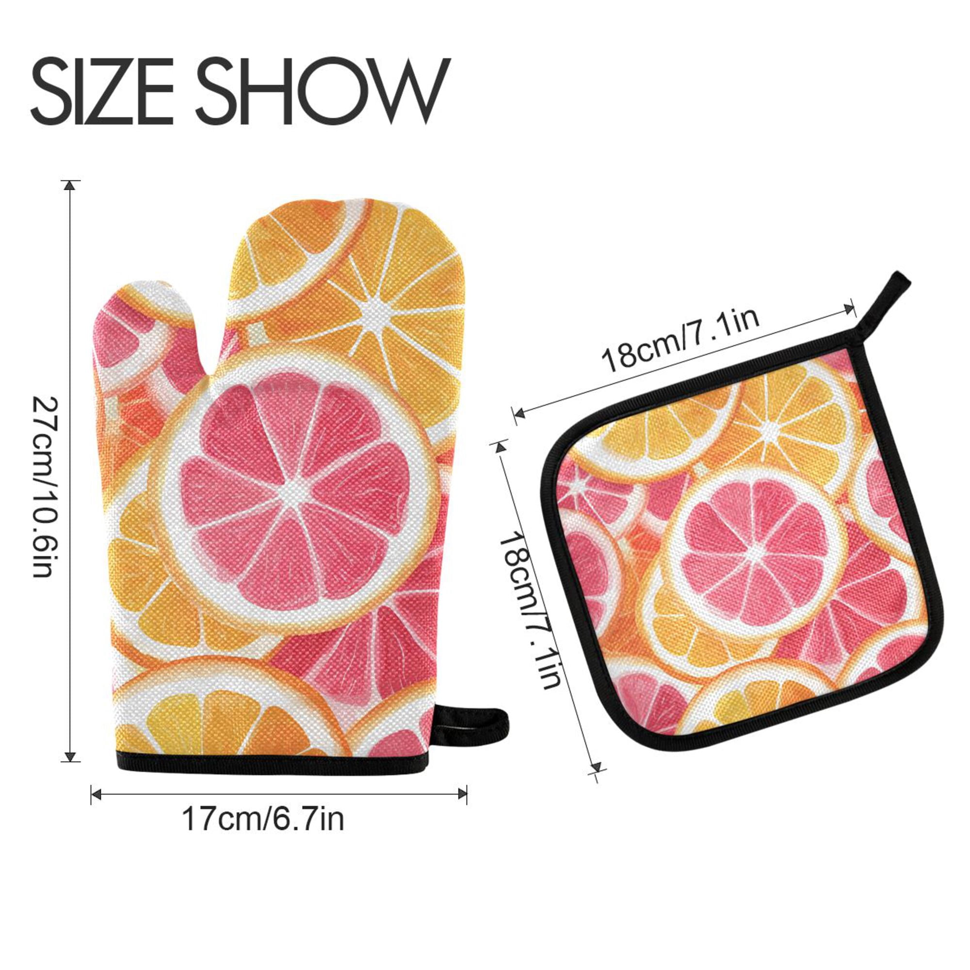 Yayeee Oven Mitts and Pot Holder Set of 4 Heat Resistant Kitchen Gloves Baking Hot Pad, Pink Grapefruit Slices