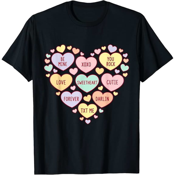 Colorful Conversation Hearts Valentine for Women Men Cotton Short Sleeve Graphic T-Shirt