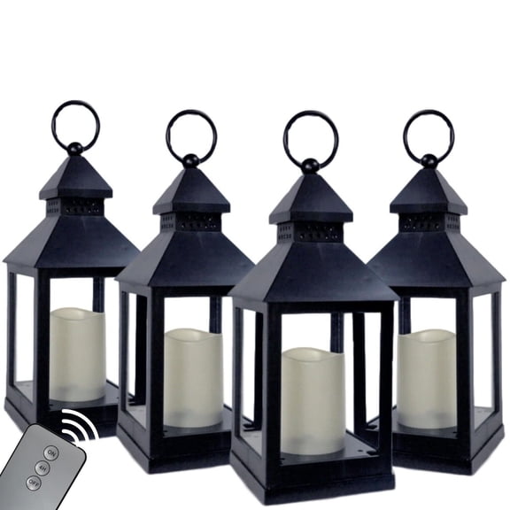 Black Decorative Lantern S/4 - 4 Hour Timer, Remote Control - 9 3/8"H - #9634-4