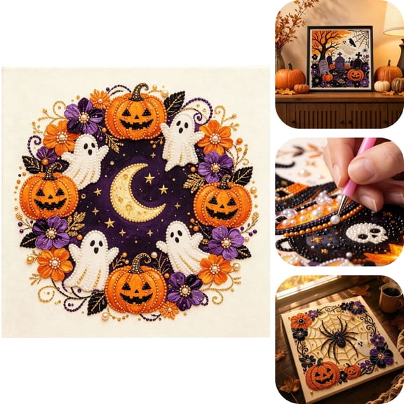 Halloween Ghost Pearl Art DIY Kit Ghost Diamond Painting Craft Kit with Crystal Pearl Beads Cute Ghost Diamond Art for Adults Kids Halloween Home Wall Decor Fall DIY Gift,F