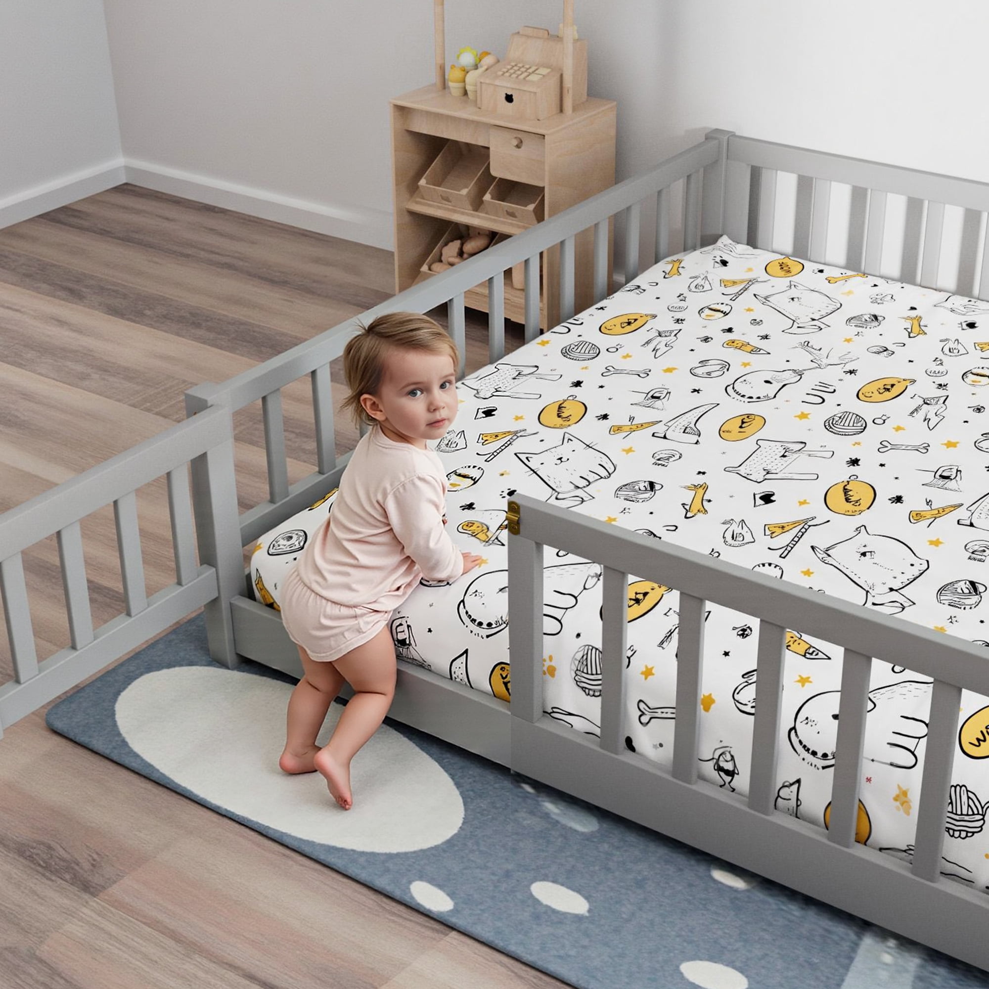 Queen Size Floor Bed, Wood Montessori Bed Frame with Fence Guardrails and & Support Slats, Queen Playhouse Bed with Door Design, Gray