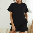 thumbnail image 2 of Women's 2 Pieces Outfits Solid Short Sleeve Ruffle Hem Tops and Elastic Waist Drawstring Shorts PJs Lounge Suits, 2 of 7