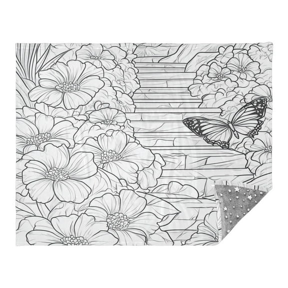 Flowers and Butterflies Line Art Camping Blankets Bed Throws and Cozy Travel Blanket Fluorescence 70x55in Double Sided