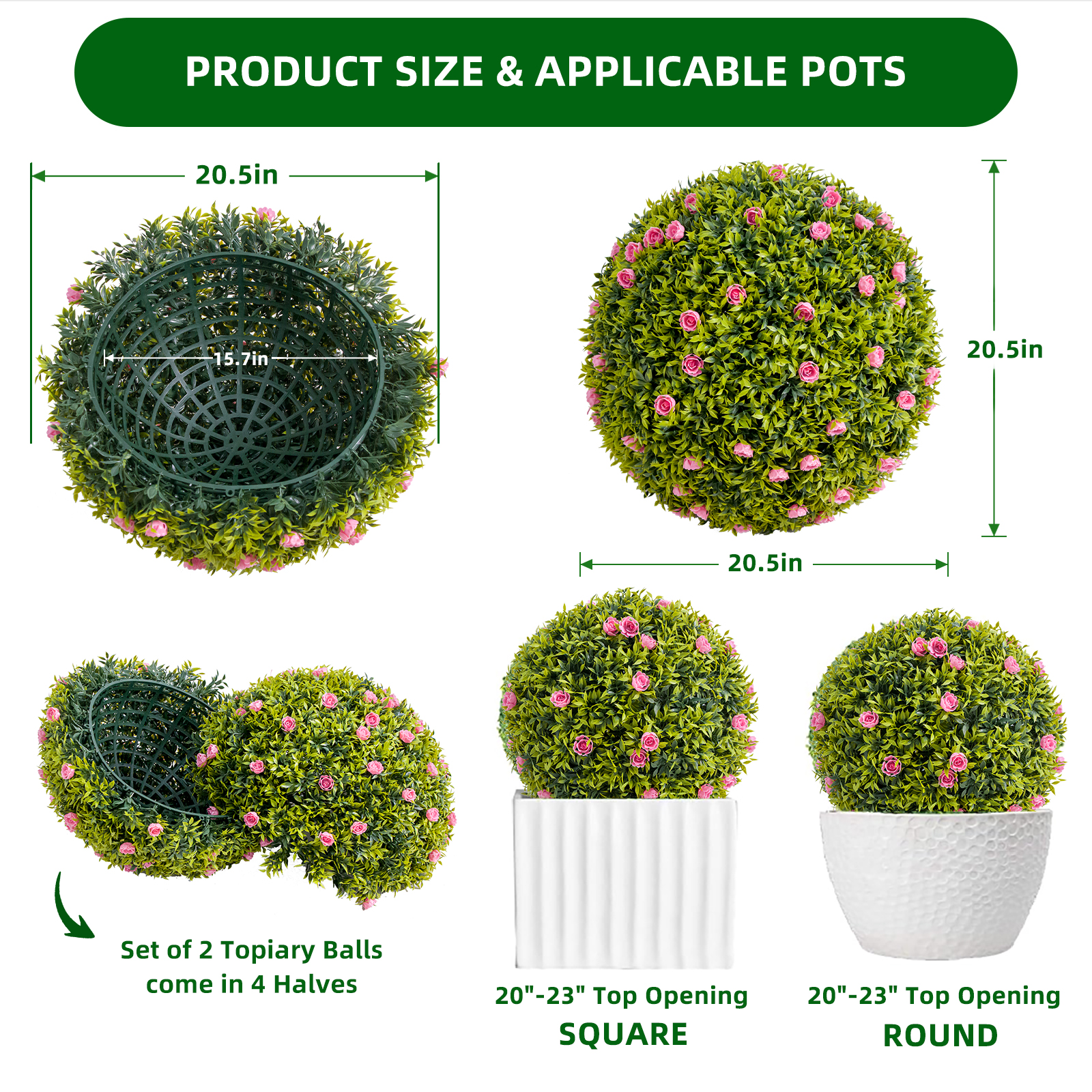 Tzou 2Pcs Artificial Boxwood Topiary Ball with Flowers, 20.5" Faux Hanging Greenery Ball for Outdoor Planters, Porch, Balcony, Home Decor