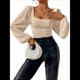 thumbnail image 3 of Blusa Corta de Larga con Cuello Cuadrado y Mangas Abullonadas para Mujer Albaricoque L, 3 of 10