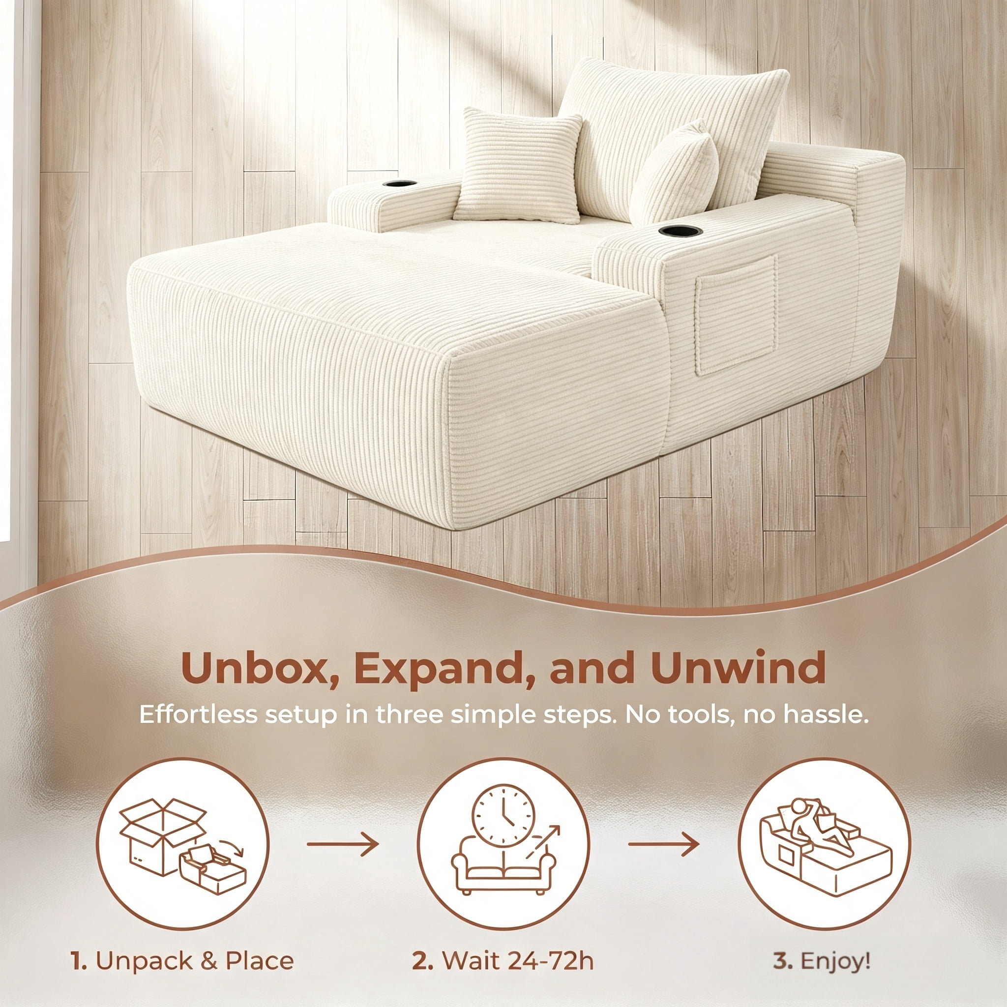 ShiKeyi 65'' Chaise Lounge Chair Indoor, Boneless Sofa Cloud, Plush Corduroy Chaise Couch with Cup Holders, Side Storage Pocket & Pillows, No Assembly Required, Beige