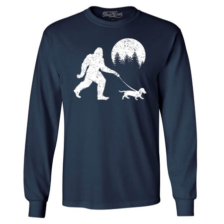 Shop4Ever Men s Bigfoot Walking Wiener Dog Funny Sasquatch Dachshund Long Sleeve Shirt Large Navy