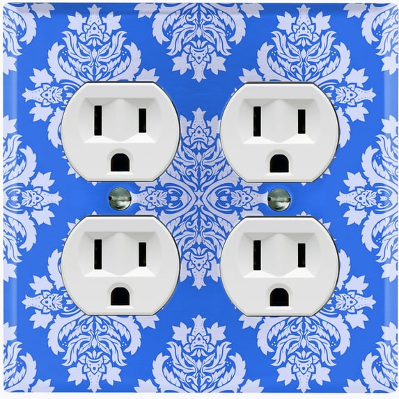 Metal Light Switch Plate Outlet Cover (Victorian Damask Flower Blue Pattern - Double Duplex)
