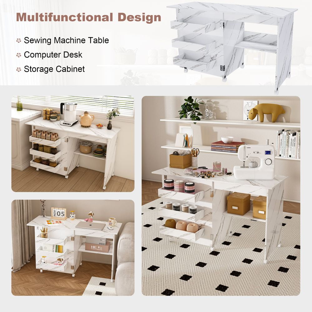 LUMAMIN Folding Sewing Table with Lockable Wheels, 4-in-1 Multipurpose Rolling Craft Station, End Table, Computer Desk & Kitchen Storage Cabinet,White