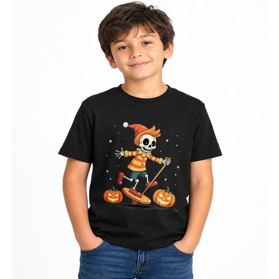Skeleton Scooter with Pumpkins Halloween Graphic T-Shirt for Boys, Cute Seasonal Short Sleeve Shirt for Everyday Wear