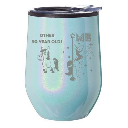 Stemless Wine Tumbler Coffee Travel Mug Glass With Lid Gift 30 Year Old Superstar Unicorn Funny 30th Birthday (Blue Glitter)