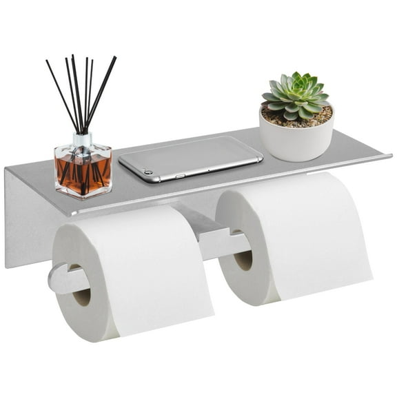 Dual Toilet Paper Holder with Shelf, Wall Mount Roll Paper Hanger, Tissue Holder for Bathroom, Space Aluminum, Drilling or Self-Adhesive
