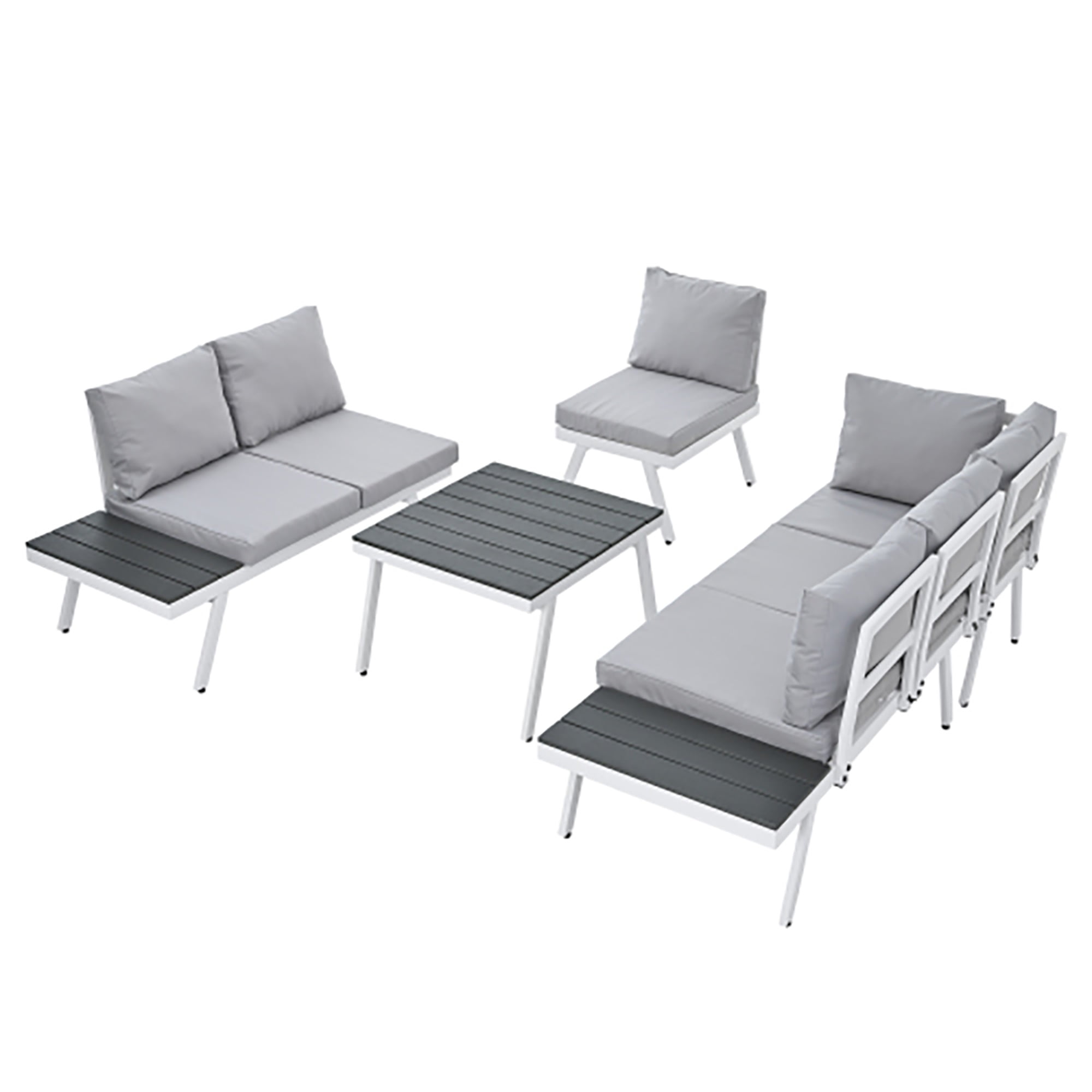 Kadyn Industrial 5-Piece Aluminum Outdoor Patio Furniture Set,Modern Garden Sectional Sofa Set with End Tables, Coffee Table and Furniture Clips for Backyard, Gray Kadyn Industrial 5-Piece Aluminum Outdoor Patio Furniture Set,Modern Garden Sectional Sofa Set with End Tables, Coffee Table and Furniture Clips for Backyard, Gray