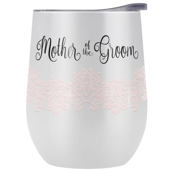 Mother of The Groom 12 OZ Stemless Wine Tumbler, Stainless Steel Travel Cup|Lake Tumbler|Insulated with Leak Resistant Slide-Lock Lid, White