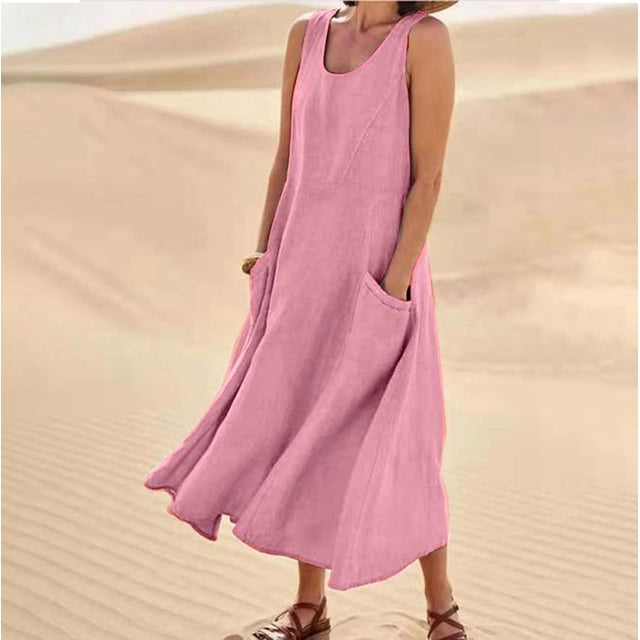 WILLBEST Vestidos De Verano Vestido Largo Informal De Lino De Color Liso Sin Mangas Con Cuello Redondo Y Bolsillos Para Mujer