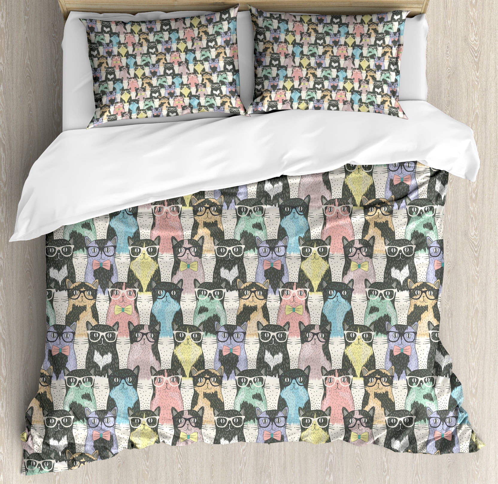 Cat Duvet Cover Set Pattern With Hipster Playful Feline