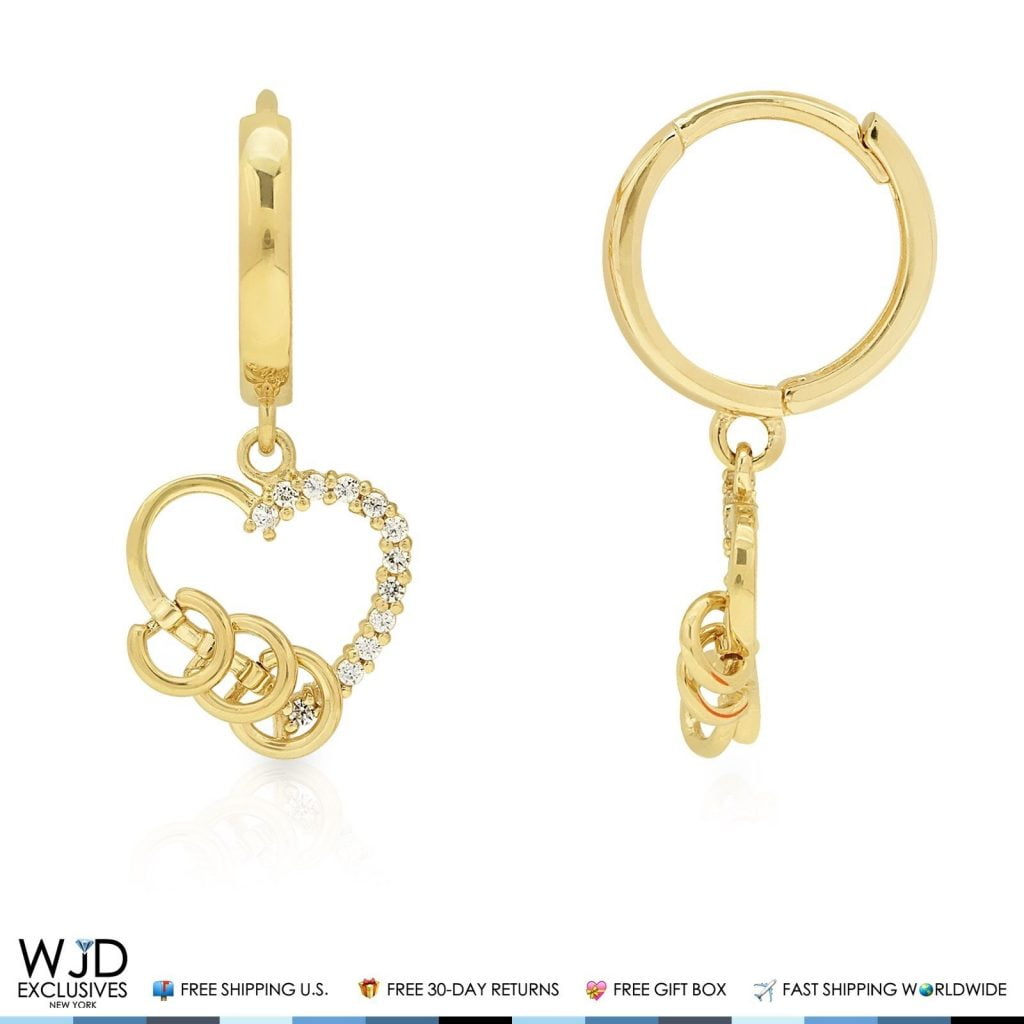 14k Yellow Gold 0.30Ct Created Diamond Open Heart Dangle Huggie Hoop ...