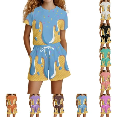 LRen Toddler Outfits for Girls 3t Cute Print T Shirt and Shorts Outfits Set Crew Neck Casual Daily Two Piece Set for Children Preppy Clothes