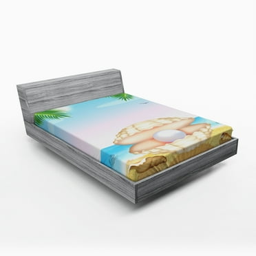 Ambesonne Pearls Fitted Sheet, Shell on Sandy Beach, Full Size, Cream Blue