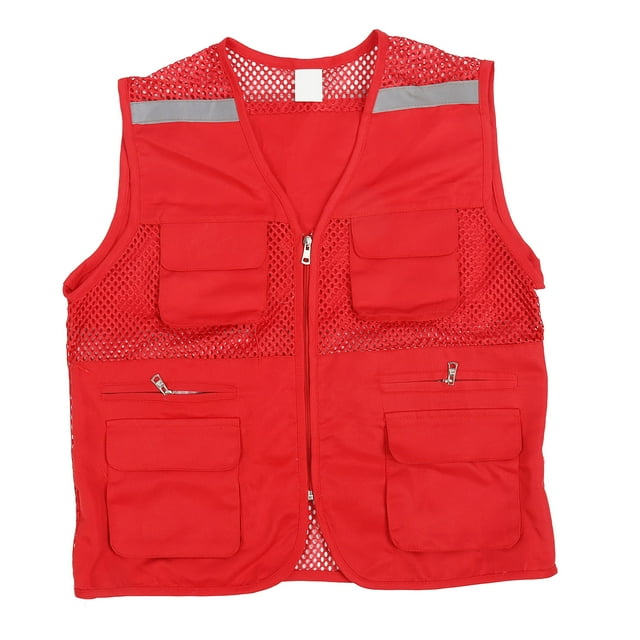 Chaleco de seguridad con múltiples bolsillos y tira reflectante, imprimible, cómodo y de alta visibilidad, para publicidad periodística, color rojo, talla XXL.