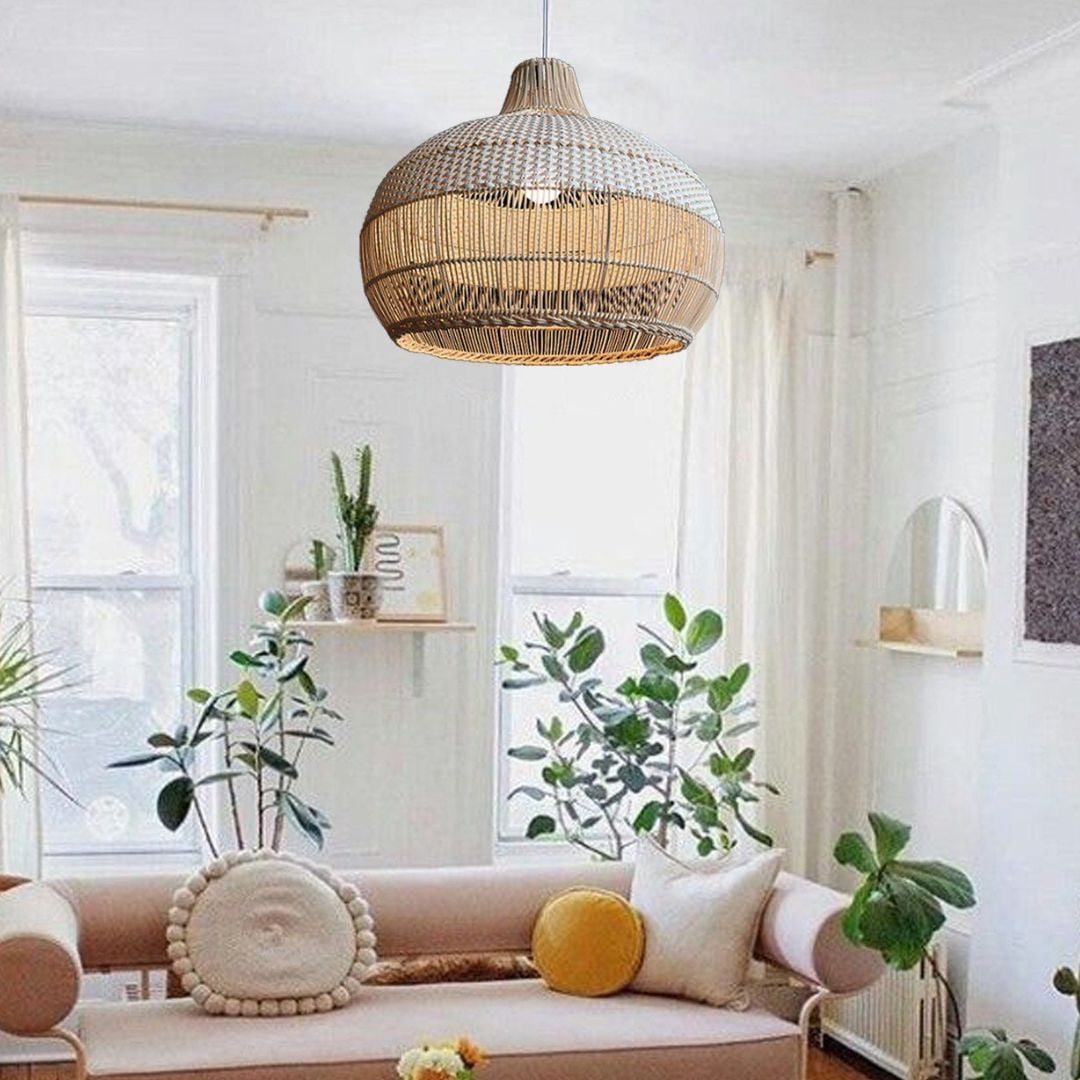 Arturesthome White Rattan Pendant Light, Wicker Hanging Ceiling Light Chandelier, Handmade Woven Lampshade for Kitchen Island