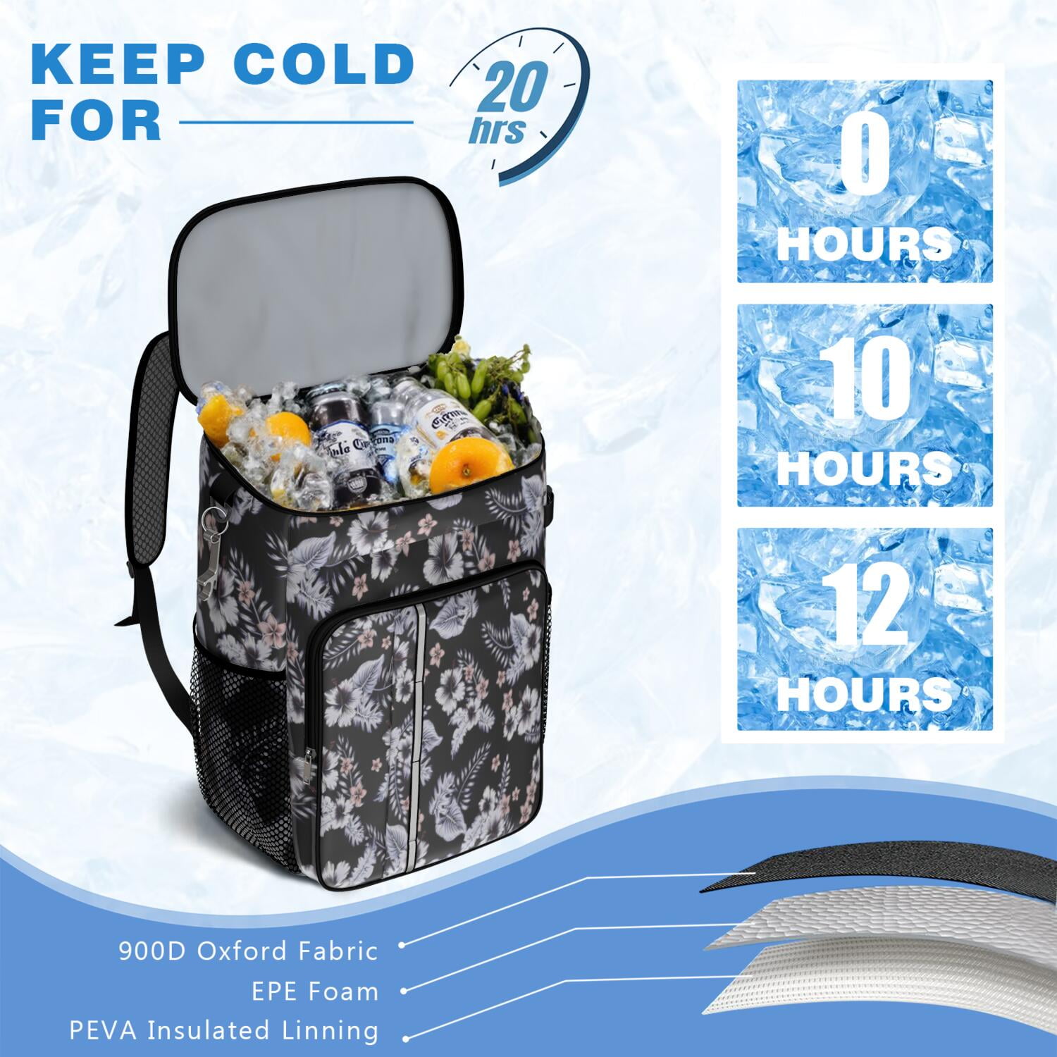 Travel Cooler Bag - Pioneer Flower Floral Print Pattern Camping Beer Cooler Backpack with Bottle Opener- Waterproof Insulated Picnic Backpacks - Cooler Bag for Beach