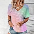 thumbnail image 2 of Penkiiy Summer Tops for Women 2024 Breathable Eyelets Blouses Dressy Casual Criss Cross V Neck Shirts Short Sleeve Soft Textured Tunic Tops L Pink, 2 of 9