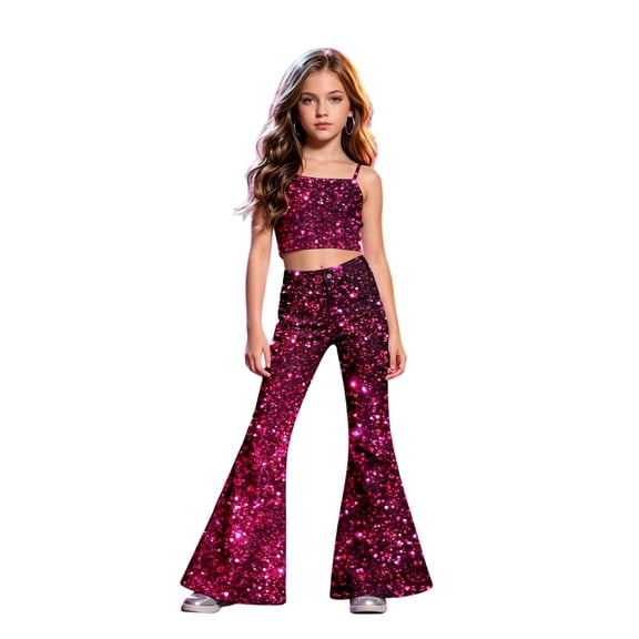 Vividxx Girls Flare Pants Sparkling Glitter Stage Pants For Girls Sequin Bell Bottom For Party Performances And Everyday Wear Streetwear Trousers 13-14 Years