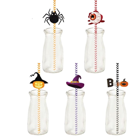 Halloween Paper Straw Decor, Kids Halloween Party Striped Decorative Straws, Set of 24