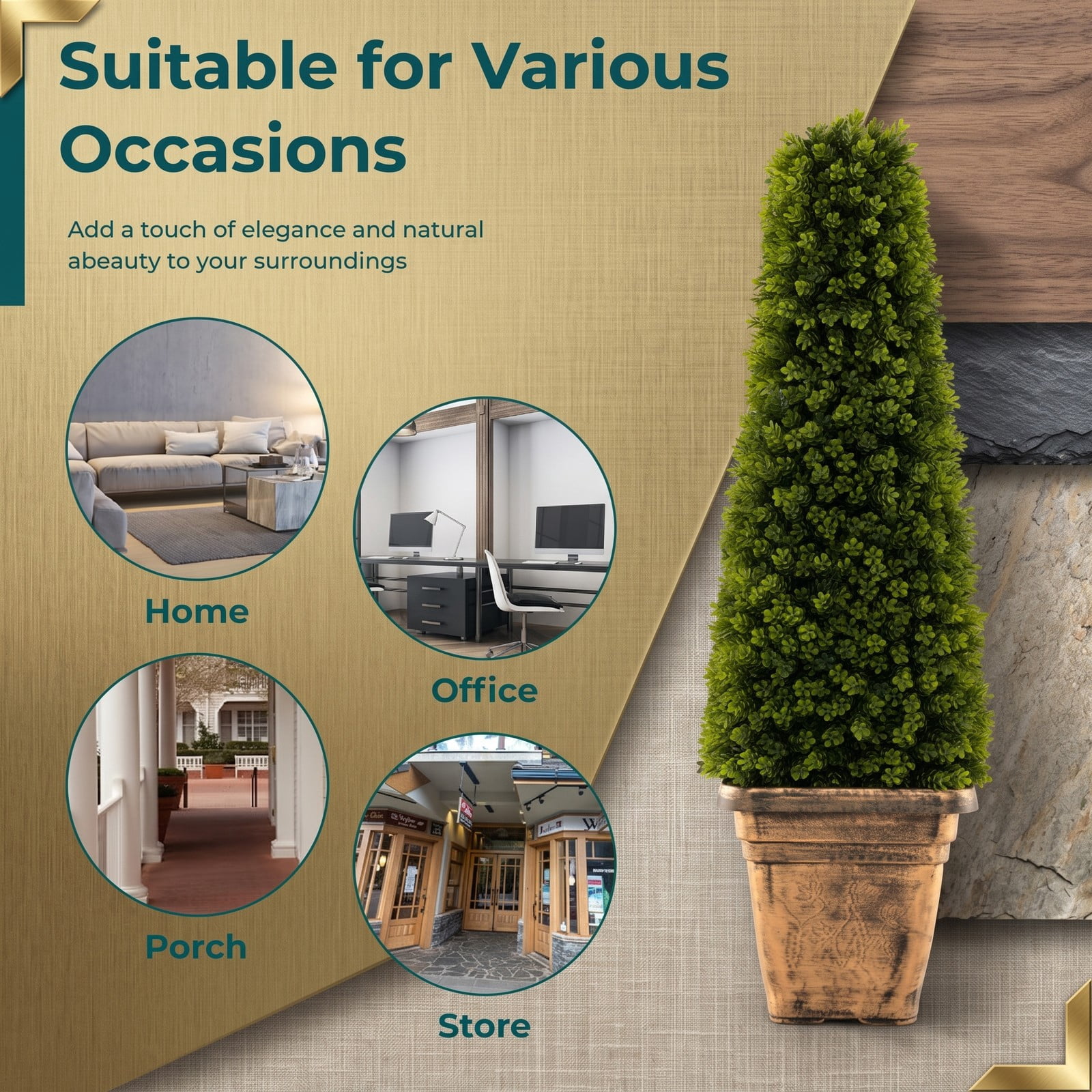 ALPULON 3 Feet Artificial Boxwood Topiary Tree with Cement Flowerpot, Faux Cone-Shaped Potted Plant for Indoor Outdoor Home Porch Office Decor, Green