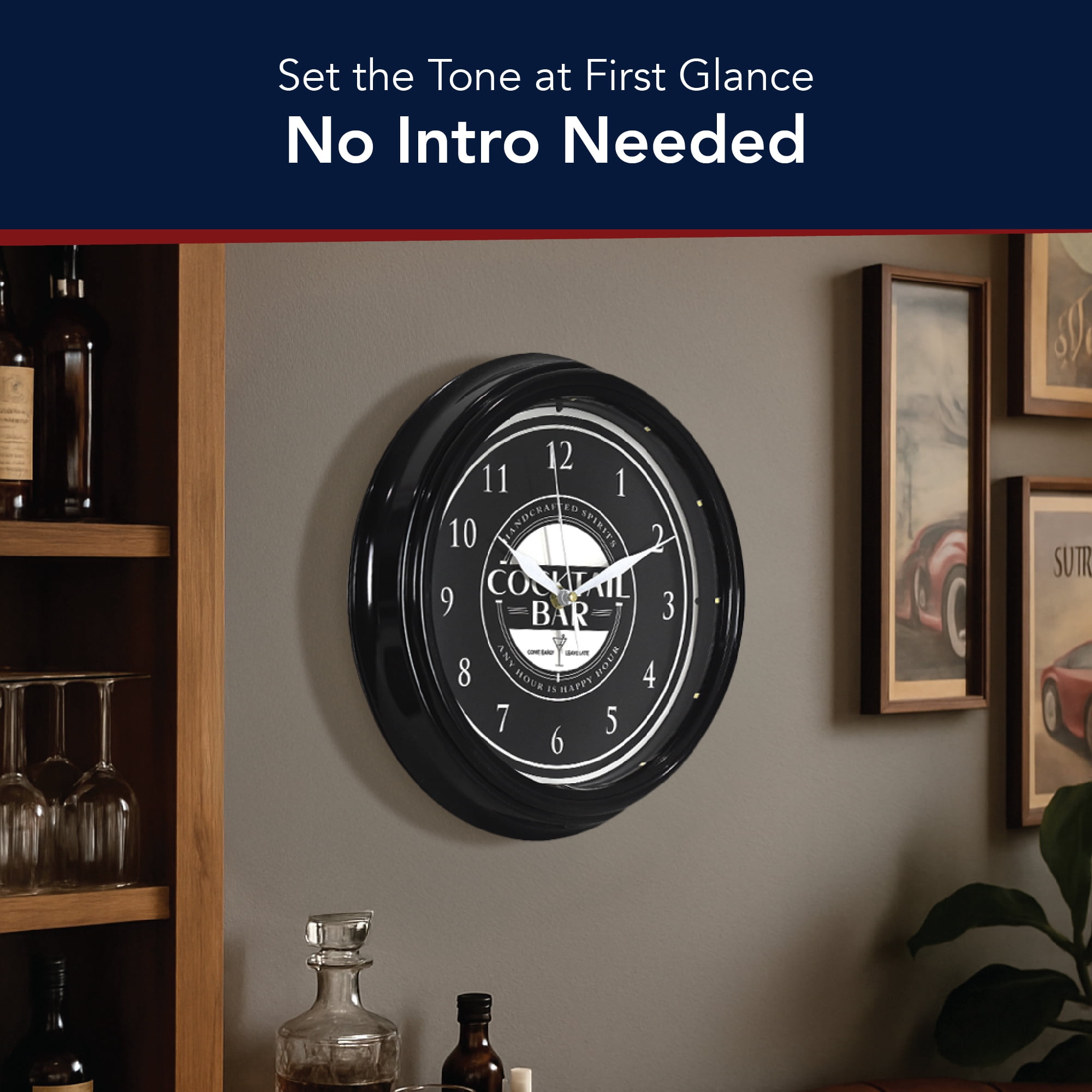 American Art Decor Cocktail Bar LED Wall Clock - 12" Modern Wall Clock for Home, Happy Hour Bar Decor, Wall Clock for Living Room, Office, Game Room, Mancave, Garage (Black/White)