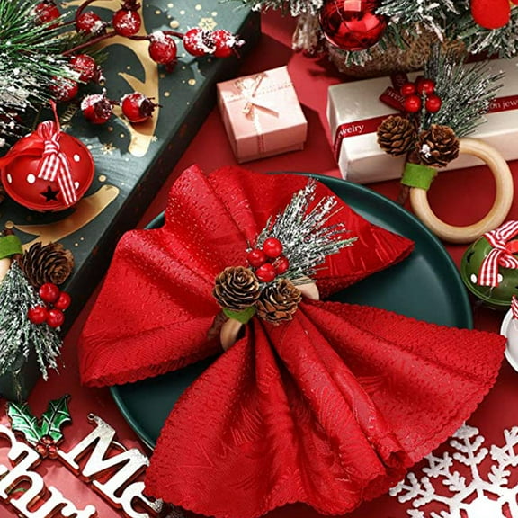 Minkissy 6pc Christmas Rustic Wooden and Plastic Napkin for Holiday Parties and Home Table Decoration