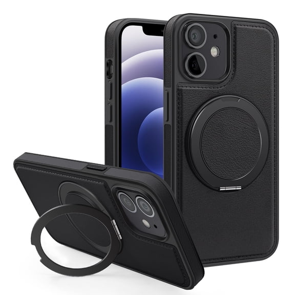 ELEHOLD Case for iPhone 11,  Magnetic Leather Case with 360°Rotatable Ring Stand [Compatible with MagSafe] Phone Case,Black