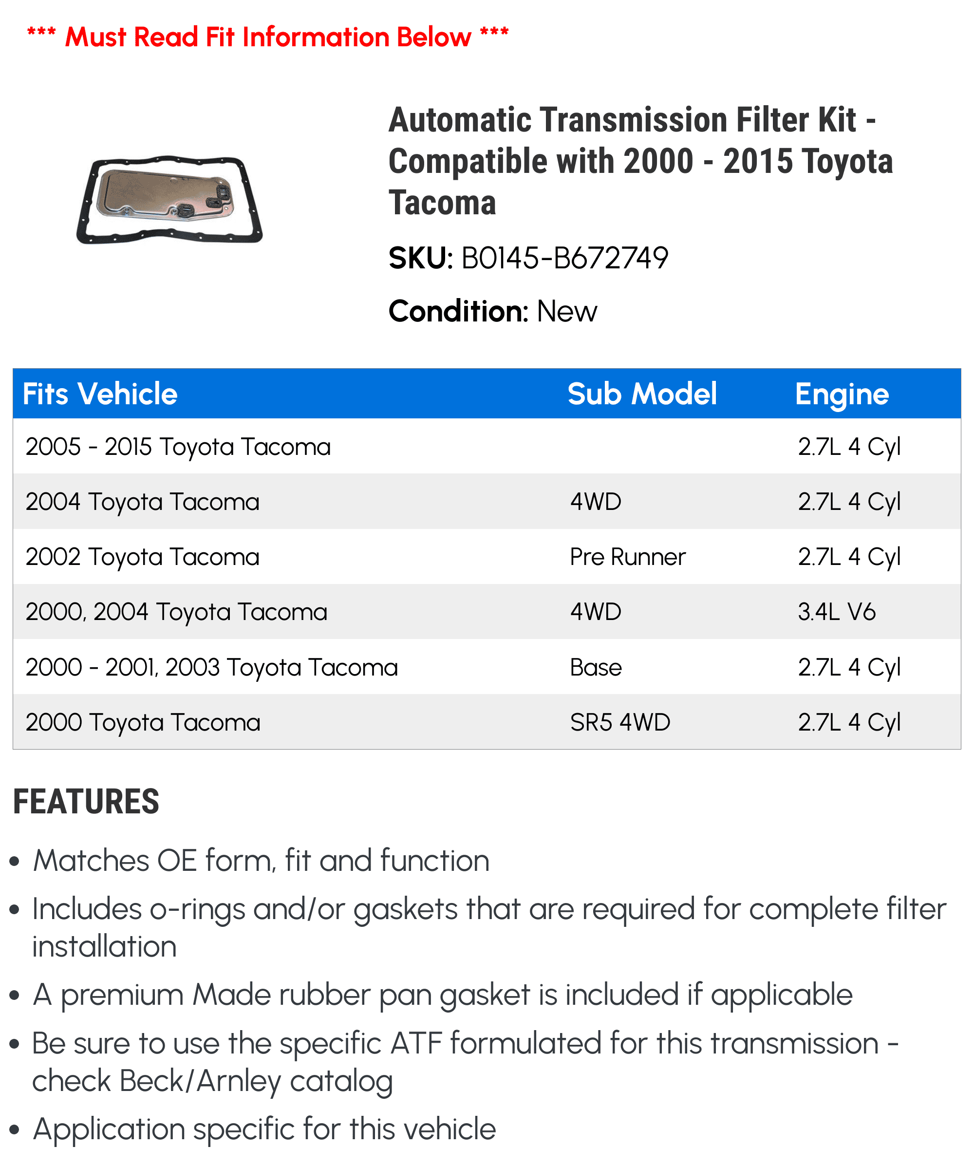 Automatic Transmission Filter Kit - Compatible with 2000 - 2015 Toyota Tacoma 2001 2002 2003 2004 2005 2006 2007 2008 2009 2010 2011 2012 2013 2014