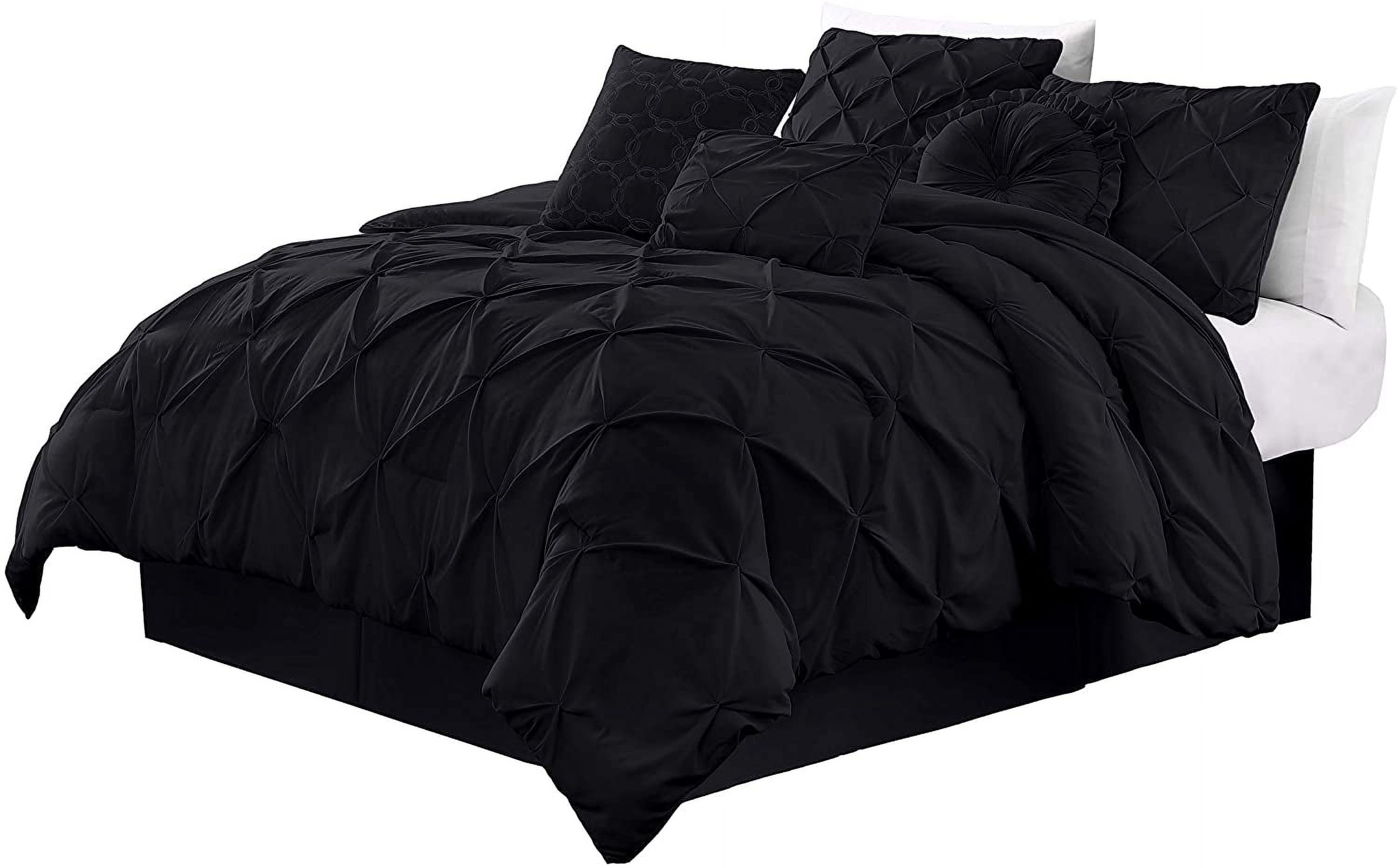 Chezmoi Collection Sydney 7-Piece Pinch Pleat Comforter Set, Lightweight Pintuck Bedding for All Season, Extra Wide King, Black